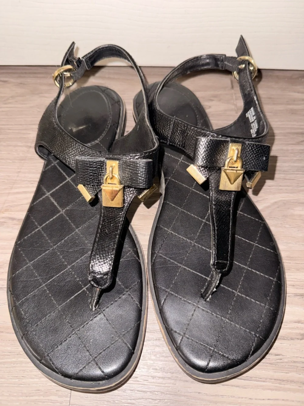 Michael Kors Black Quilted T-Strap Sandals with Gold Hardware - Picture 3 of 6